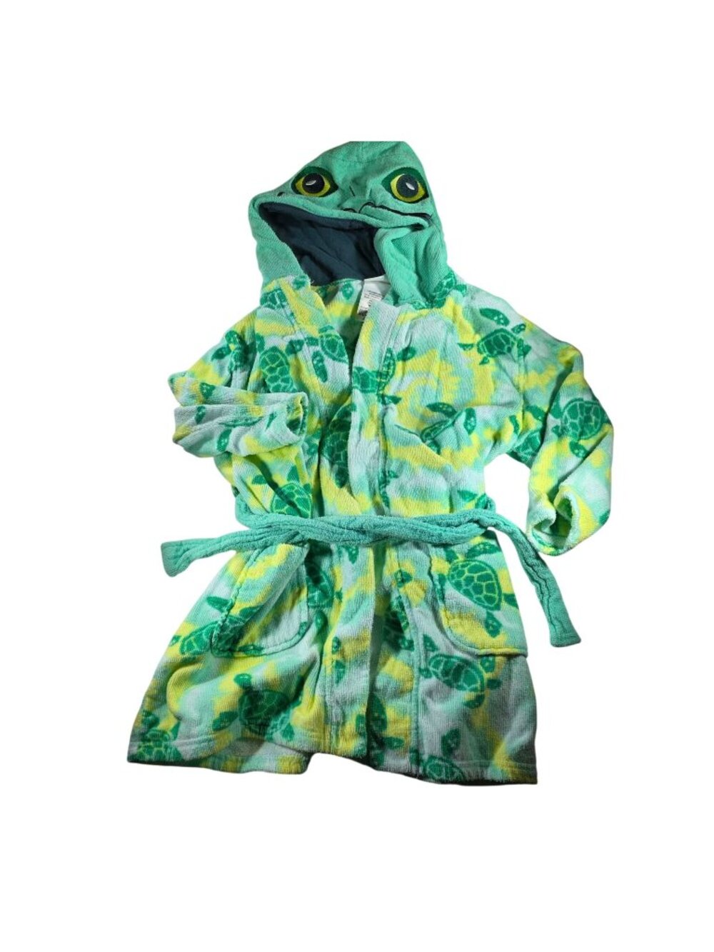 Saint Eve Kids Hooded Turtle Bathrobe Swim XS 5/6 100% Cotton Green & Yellow